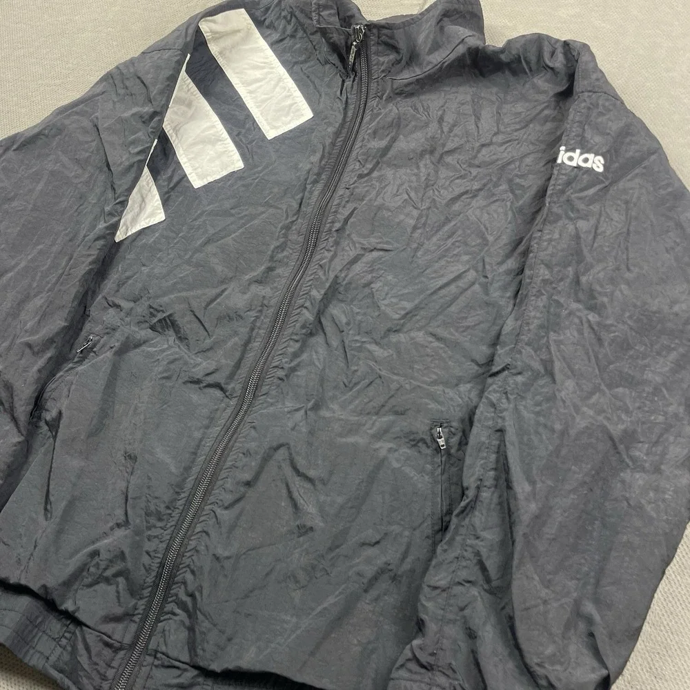 VTG Adidas Windbreaker‎ Jacket Mens Medium Retro Zip Up 90s Stripe Lined Black